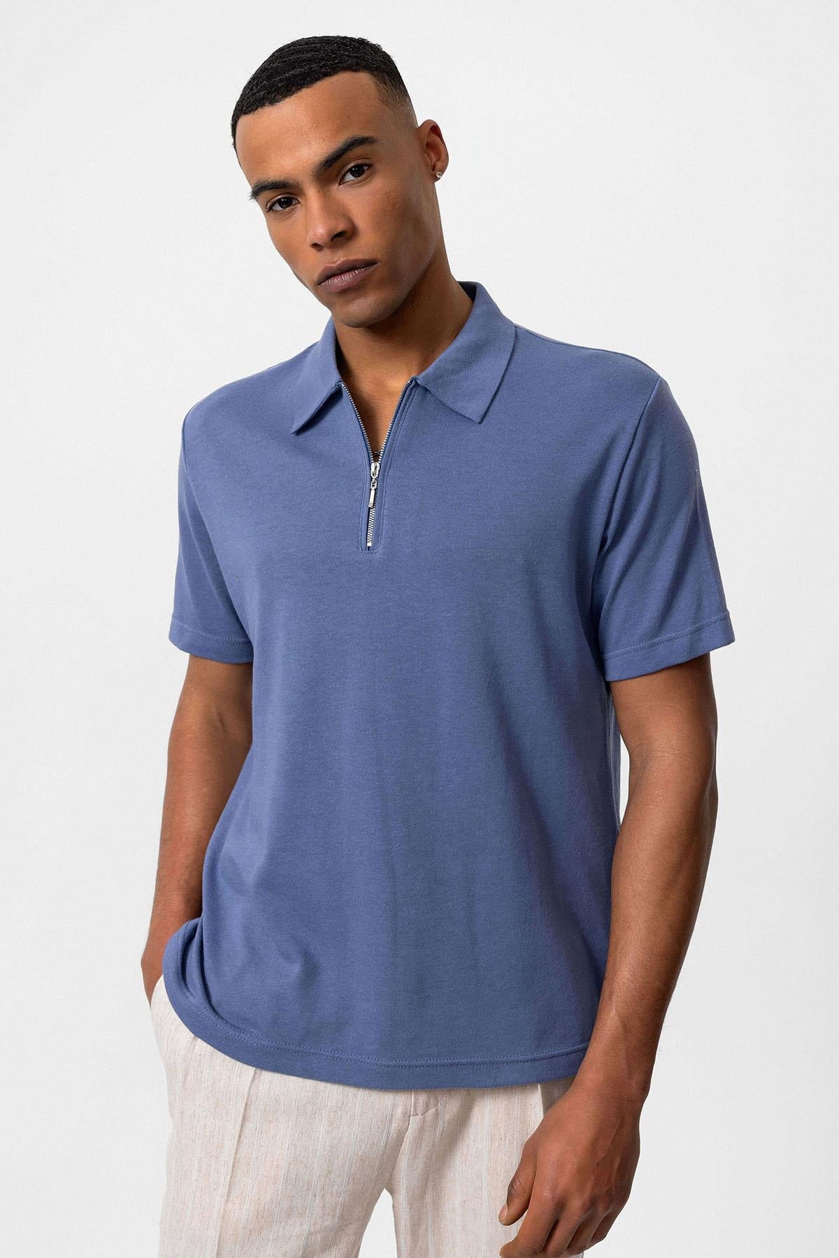 KOALA SYDNEY Men's Indigo Polo Collar Zippered T-Shirt