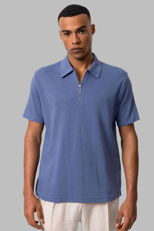 Men's Indigo Polo Collar Zippered T-Shirt - Wessi