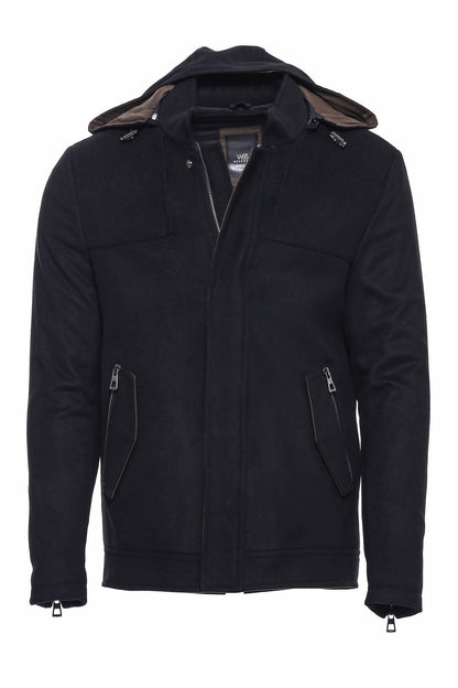 Zippered Sleeve Hooded Black Men Coat