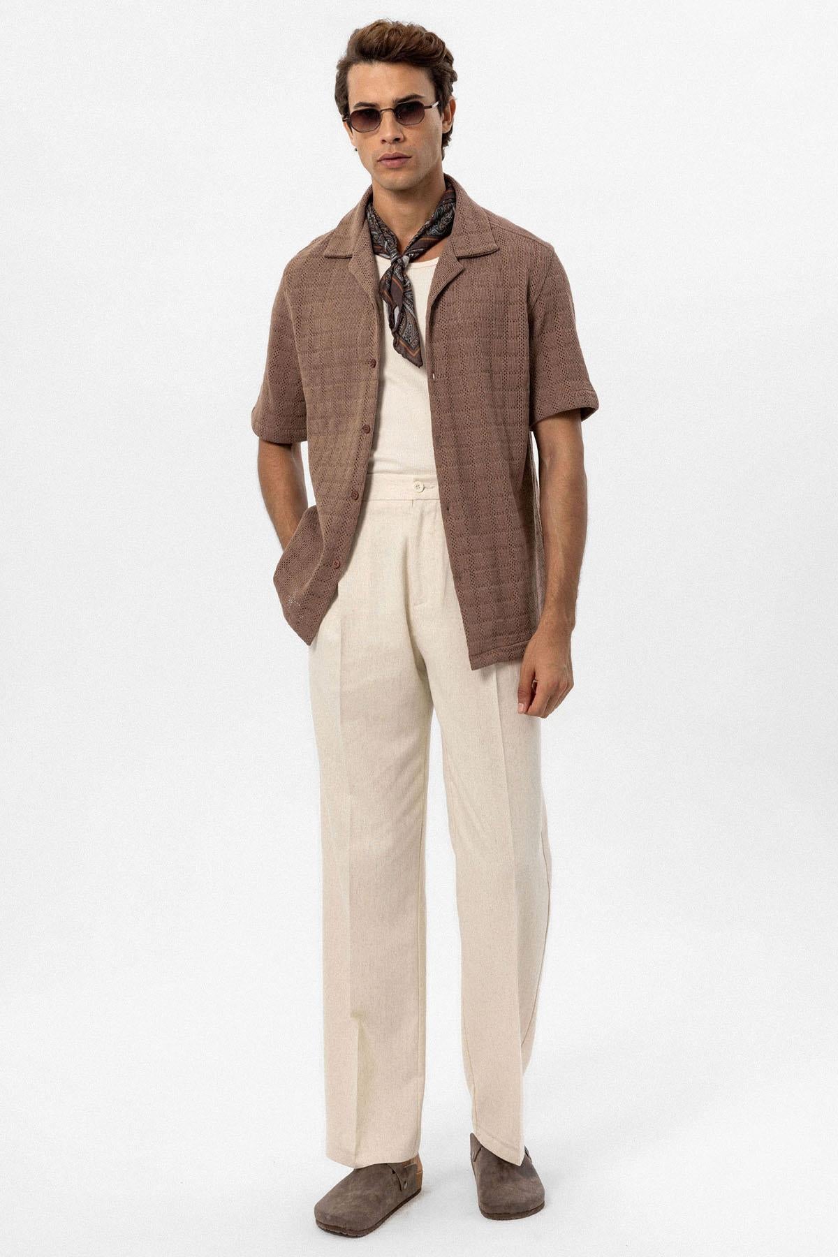 Men's Brown Camp Collar Woven Shirt