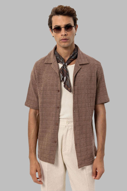 Men's Brown Camp Collar Woven Shirt -