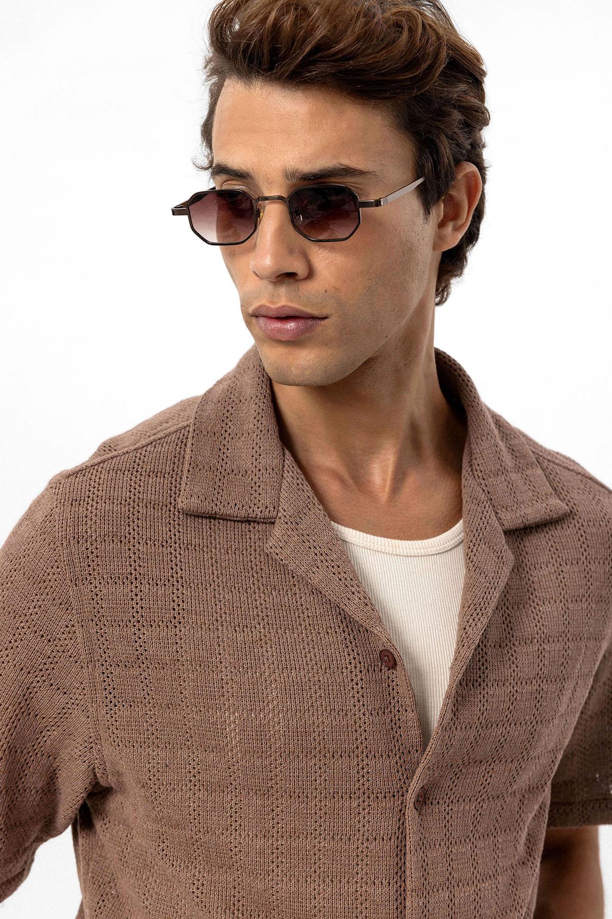 Men's Brown Camp Collar Woven Shirt -