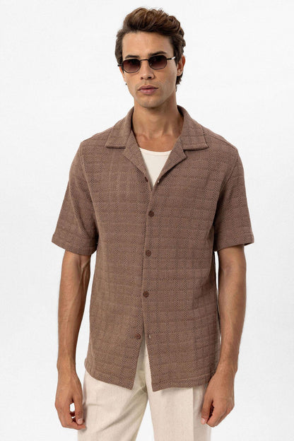 Men's Brown Camp Collar Woven Shirt -