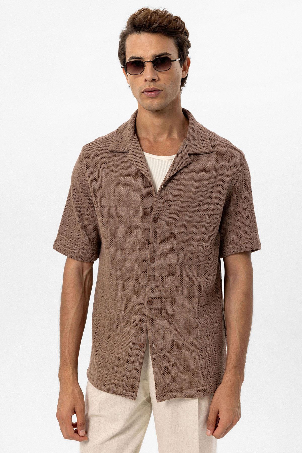 Men's Brown Camp Collar Woven Shirt