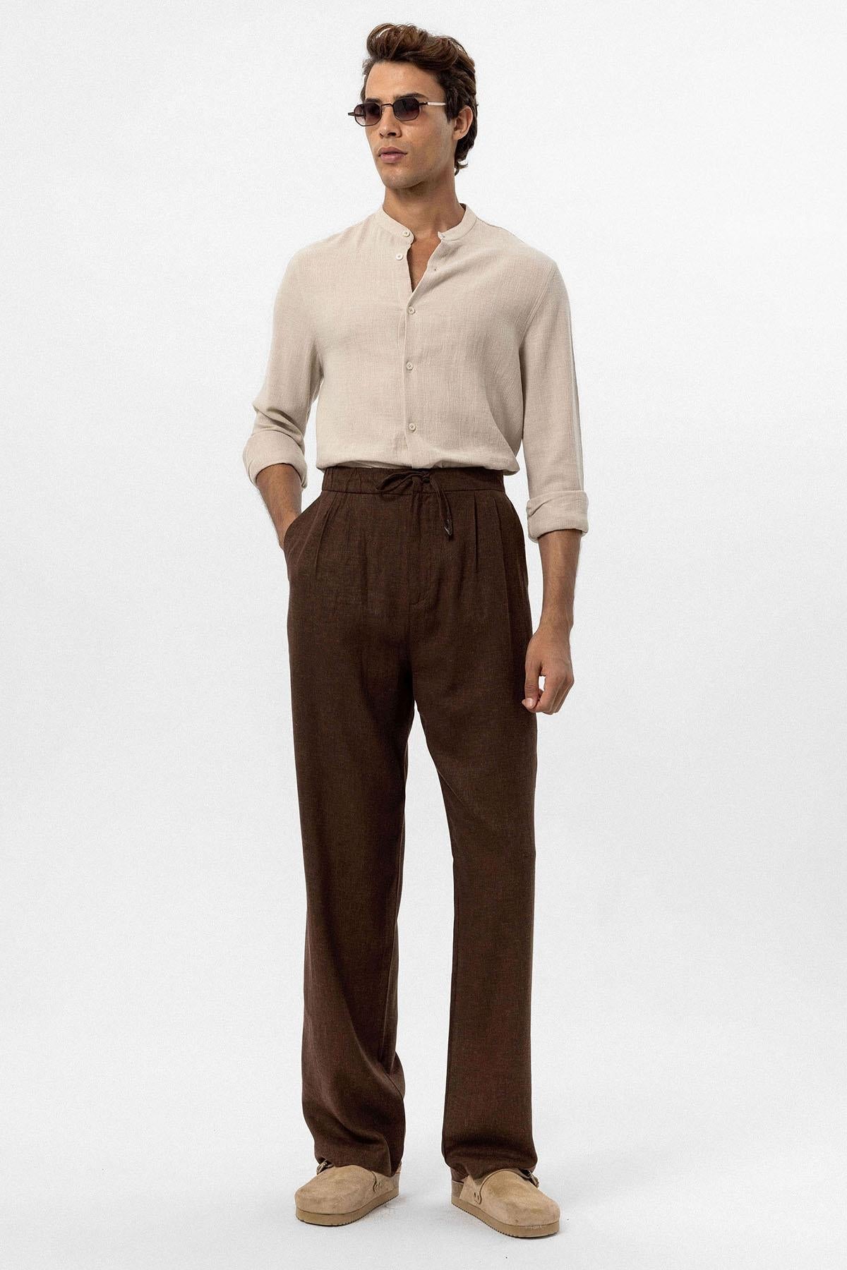 Men's Brown Belted Linen Blend Pants