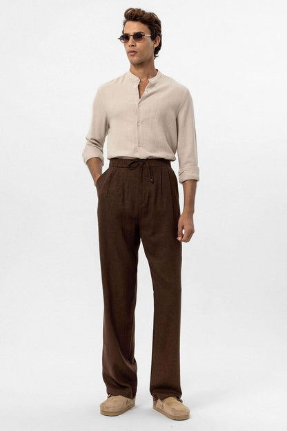 Men's Brown Belted Linen Blend Pants