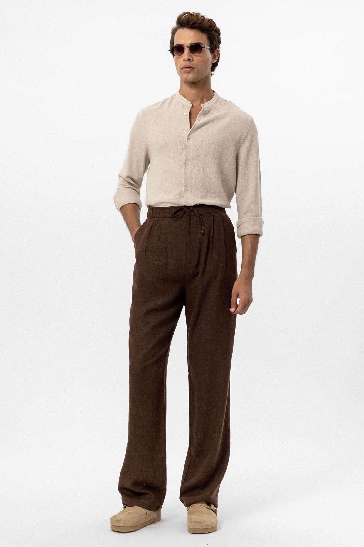 Men's Brown Belted Linen Blend Pants