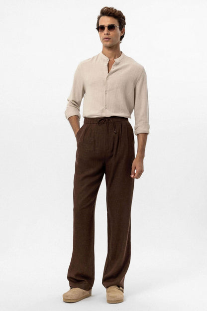 Men's Brown Belted Linen Blend Pants