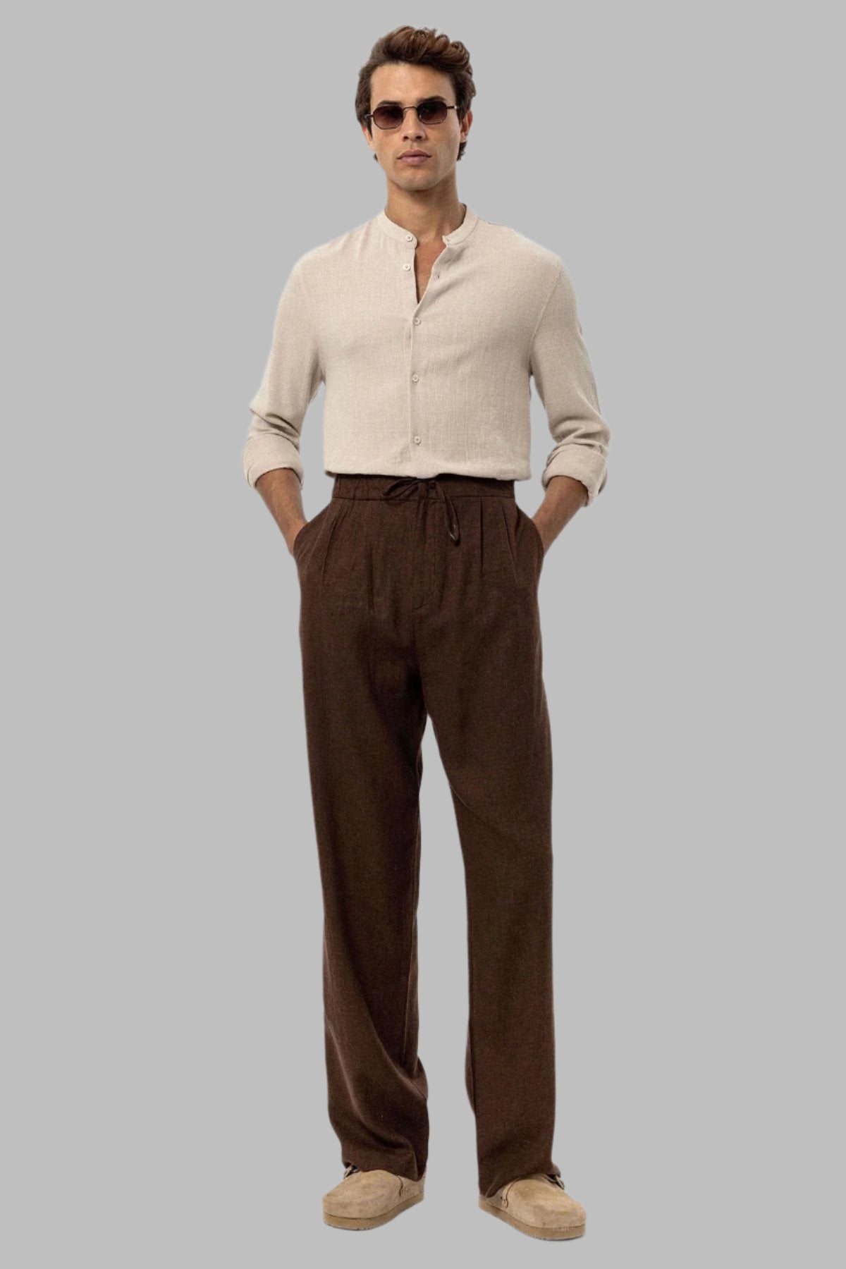 Men's Brown Belted Linen Blend Pants