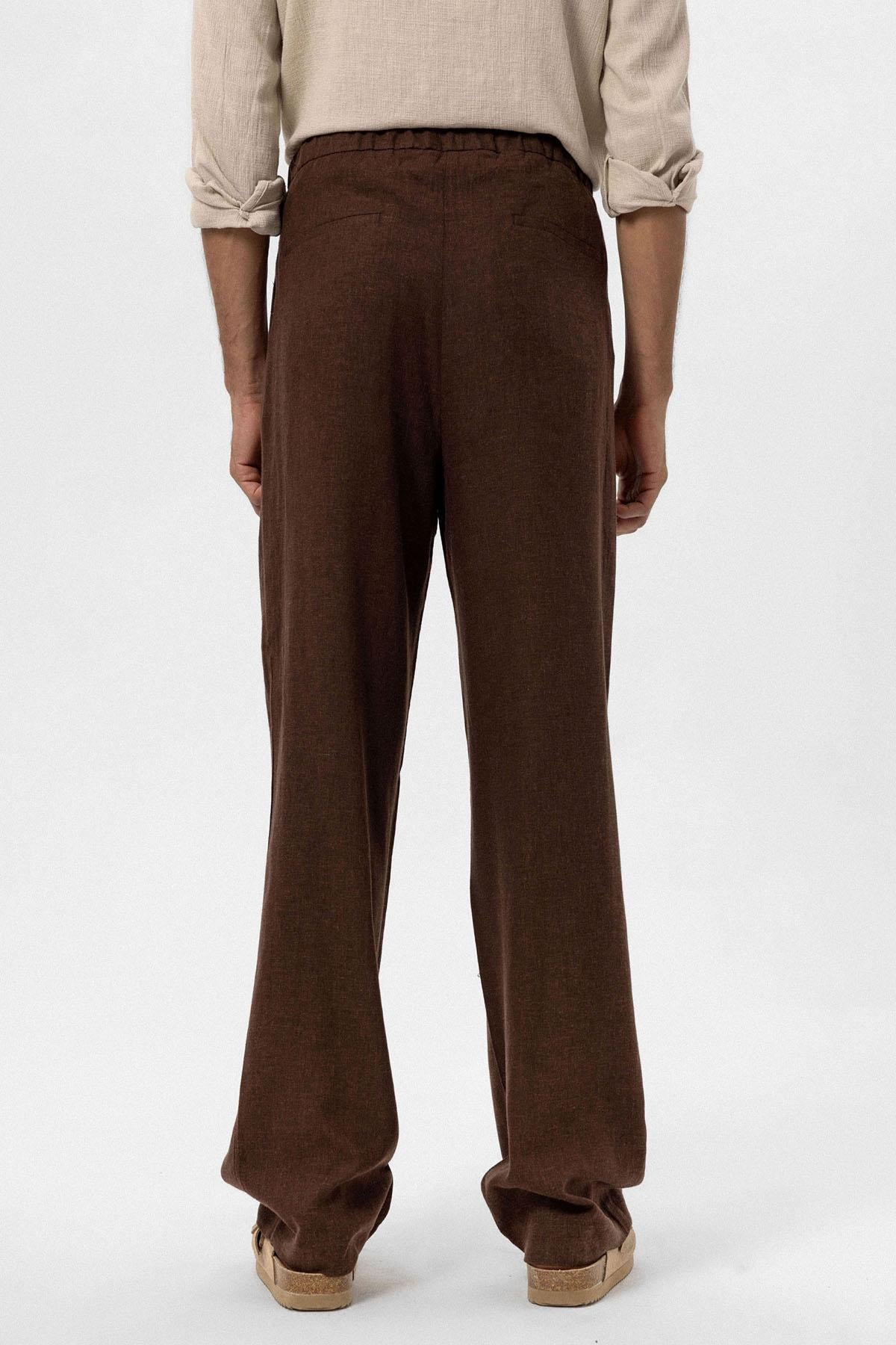 Men's Brown Belted Linen Blend Pants