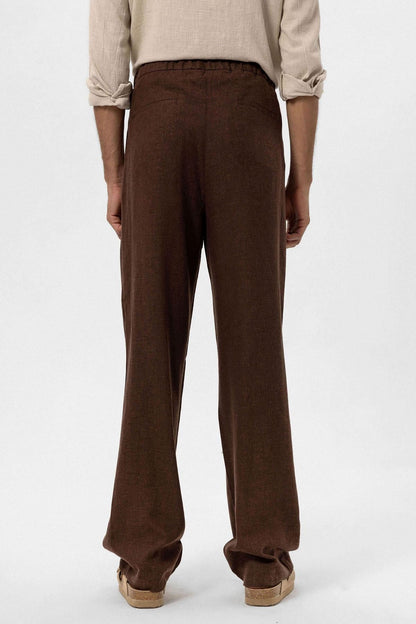 Men's Brown Belted Linen Blend Pants