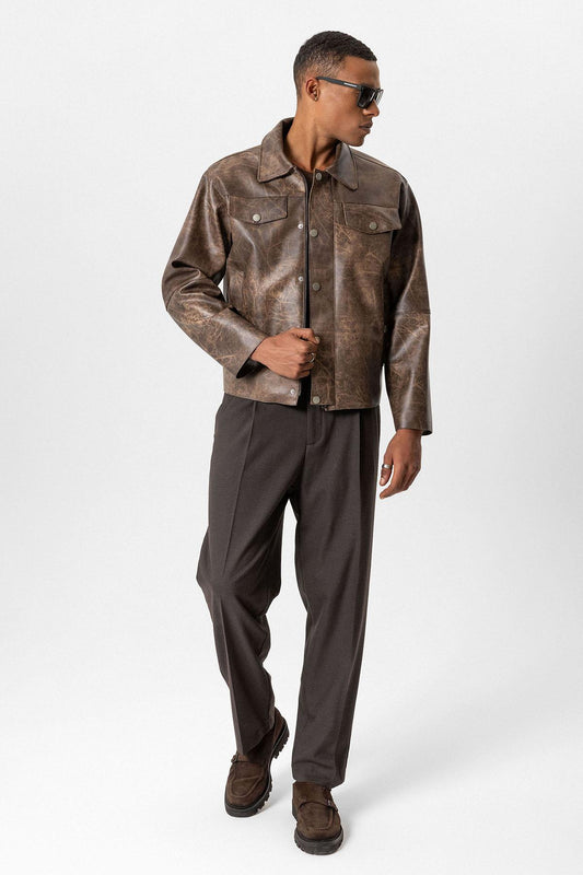 Brown Crop Fit Faux Leather Men's Jacket
