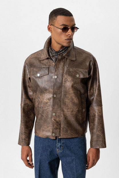 Brown Crop Fit Faux Leather Men's Jacket