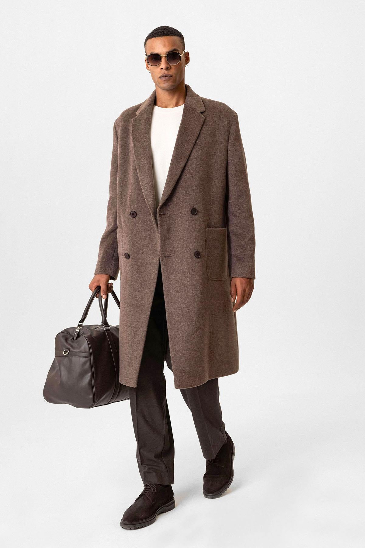 Brown Textured Double-Breasted Men's Coat