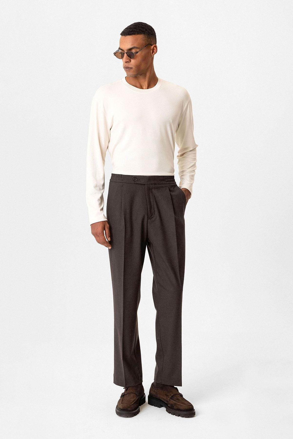 Brown Elastic Waist Baggy Men's Trousers -Wessi