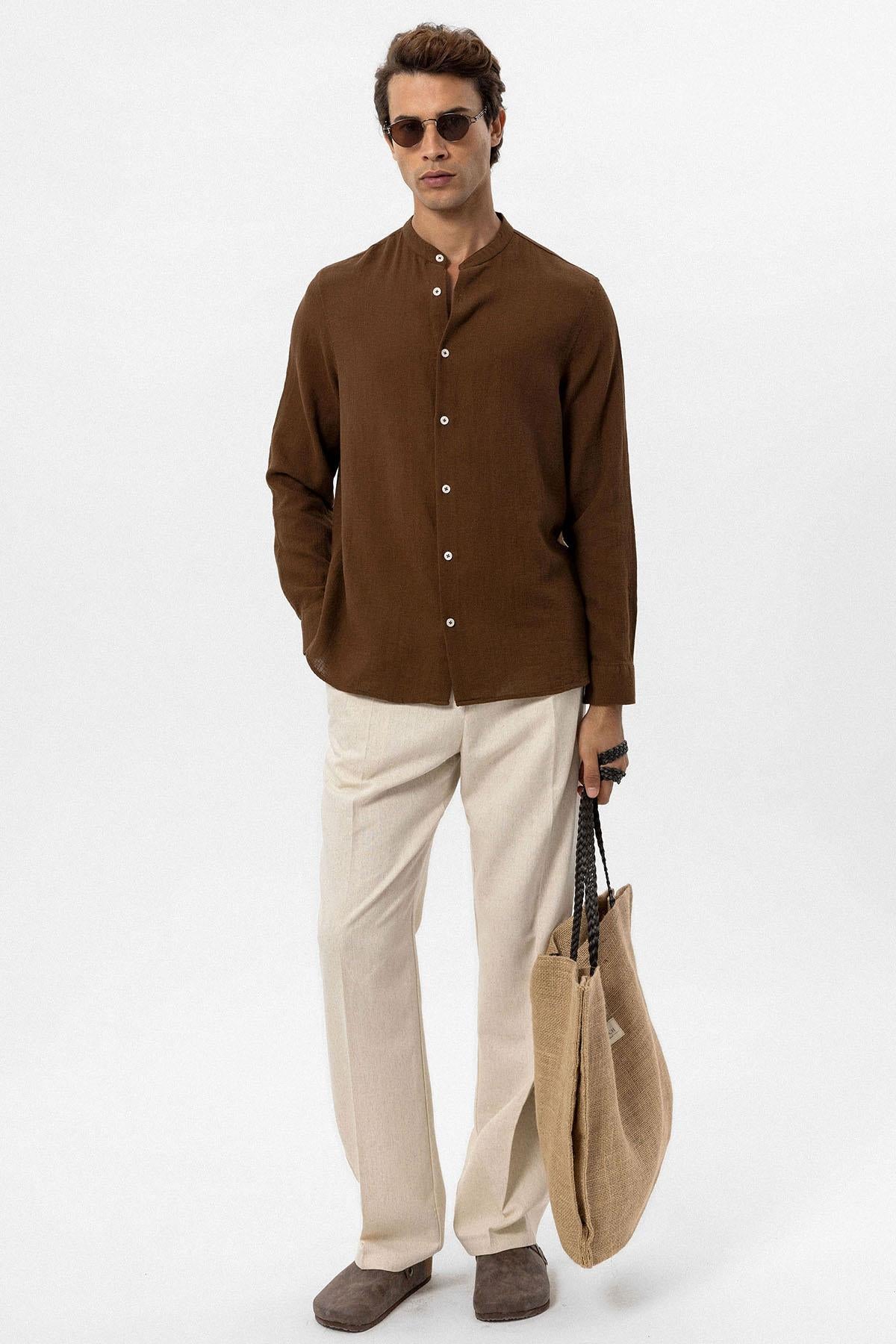 Men's Brown Mandarin Collar Woven Shirt