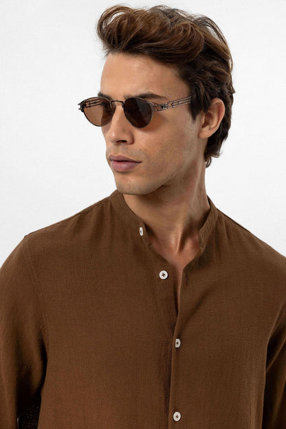 Men's Brown Mandarin Collar Woven Shirt