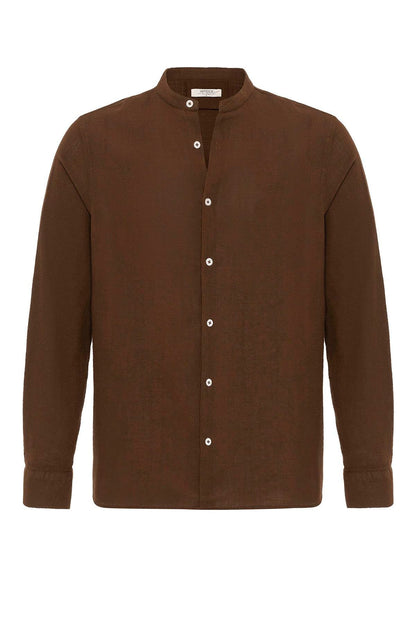 Men's Brown Mandarin Collar Woven Shirt