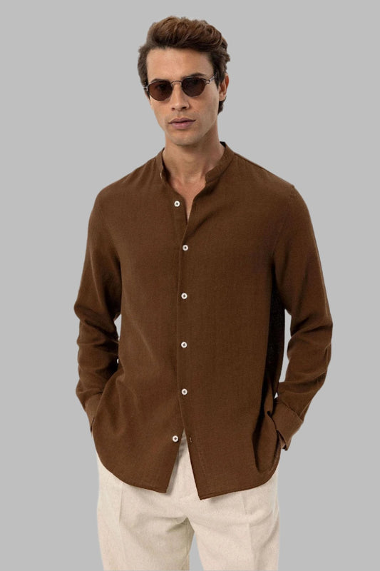 Men's Brown Mandarin Collar Woven Shirt -