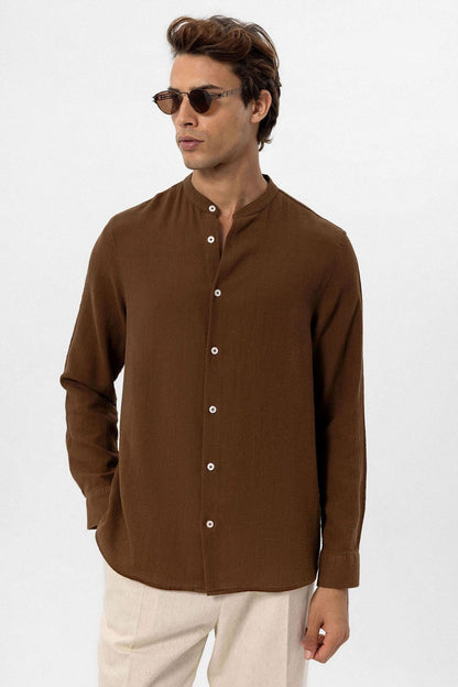 Men's Brown Mandarin Collar Woven Shirt