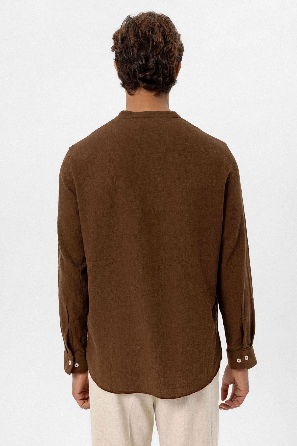 Men's Brown Mandarin Collar Woven Shirt