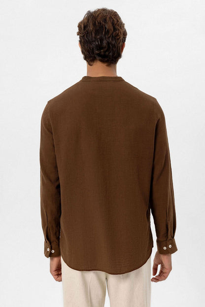 Men's Brown Mandarin Collar Woven Shirt