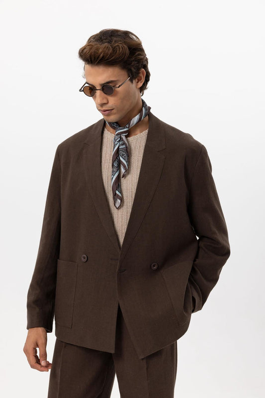 KOALA SYDNEY Men's Brown Linen Blend Double-Breasted Jacket