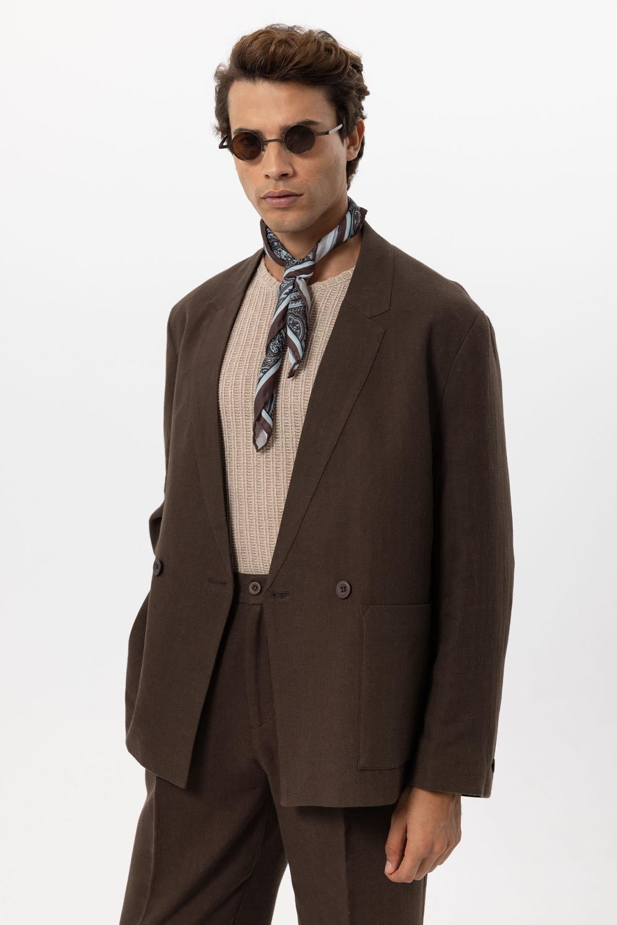 KOALA SYDNEY Men's Brown Linen Blend Double-Breasted Jacket