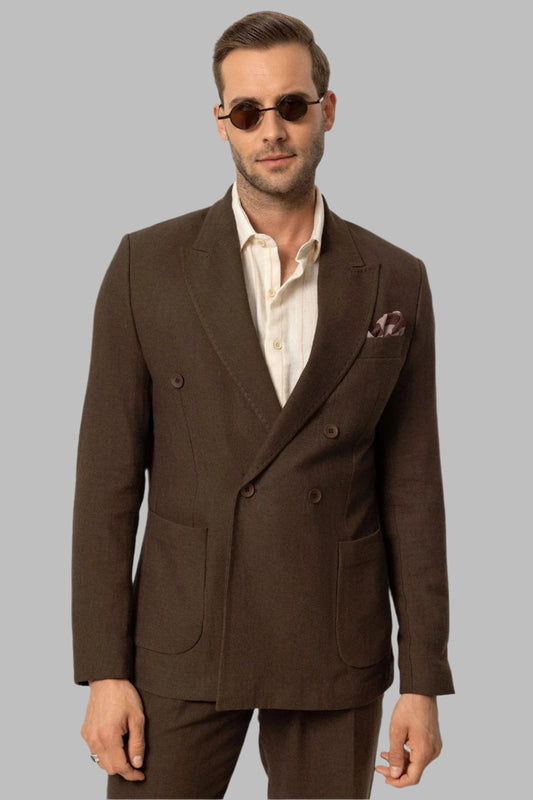 KOALA SYDNEY Men's Brown Double-Breasted Linen Blend Jacket