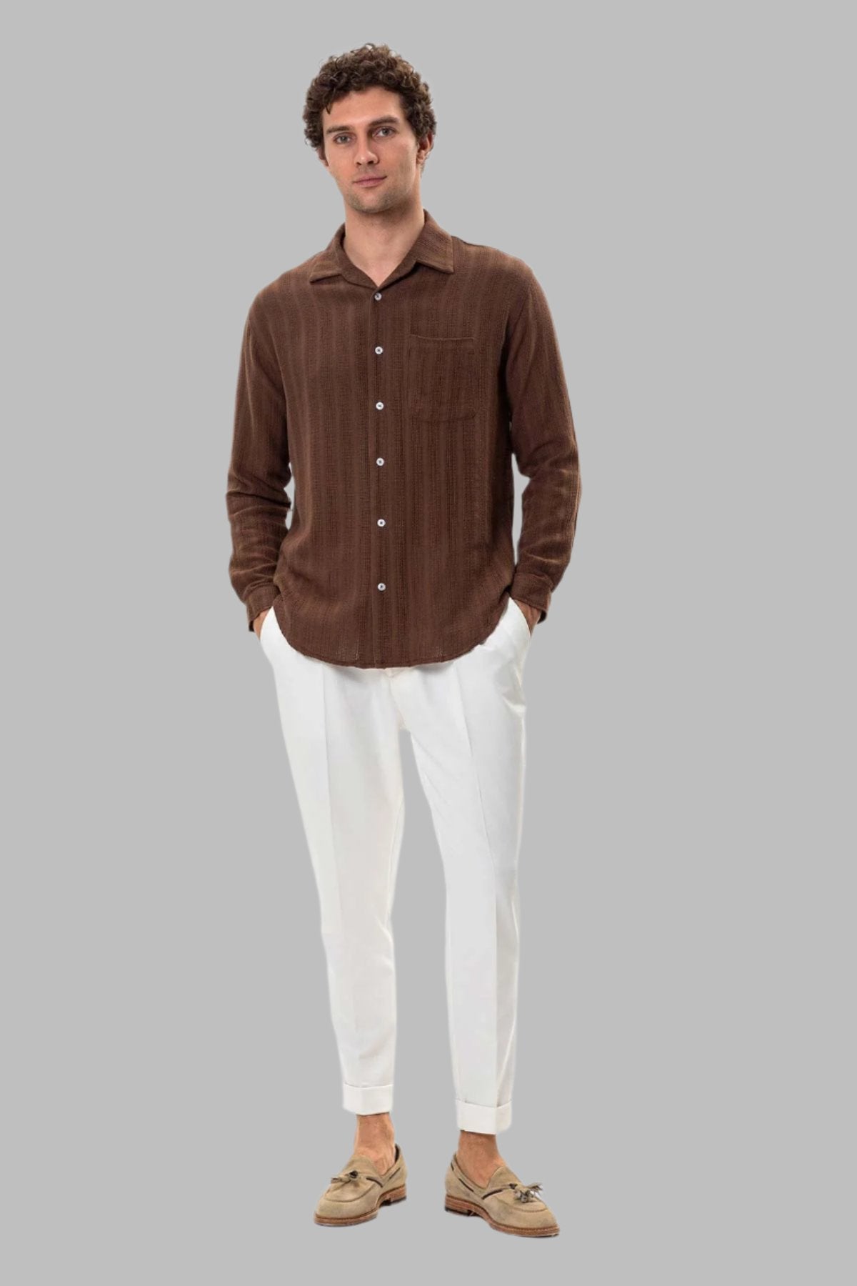 Men's Brown Knitted Detail Shirt