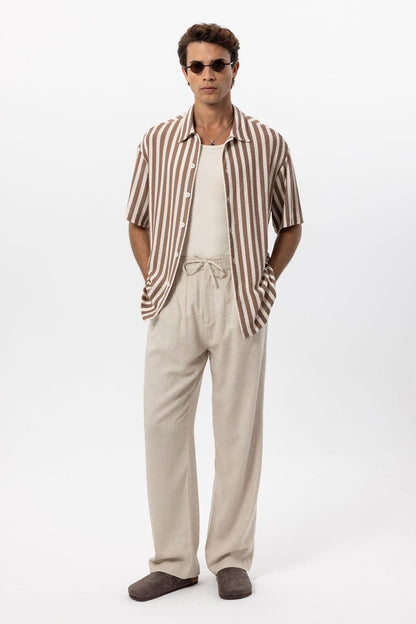 Men's Brown Oversized Knit Striped Shirt -