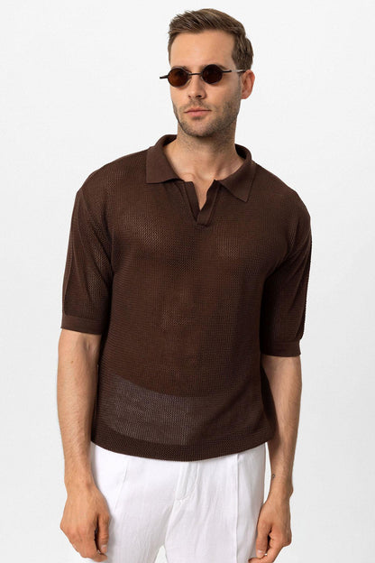 Men's Brown Polo Neck Knit T-Shirt - Wessi