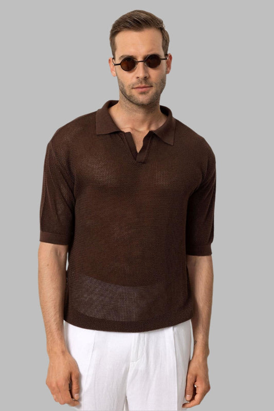 KOALA SYDNEY Men's Brown Polo Neck Knit T-Shirt