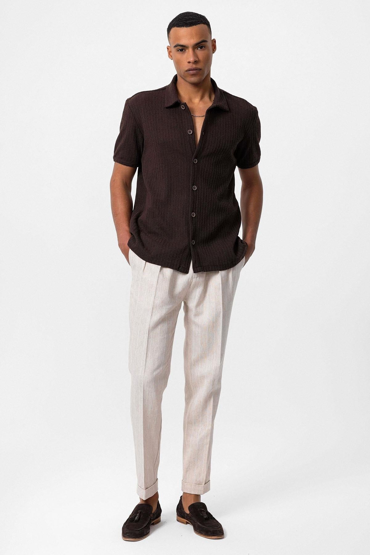 Men's Brown Polo Collar Knit Short-Sleeve Shirt -