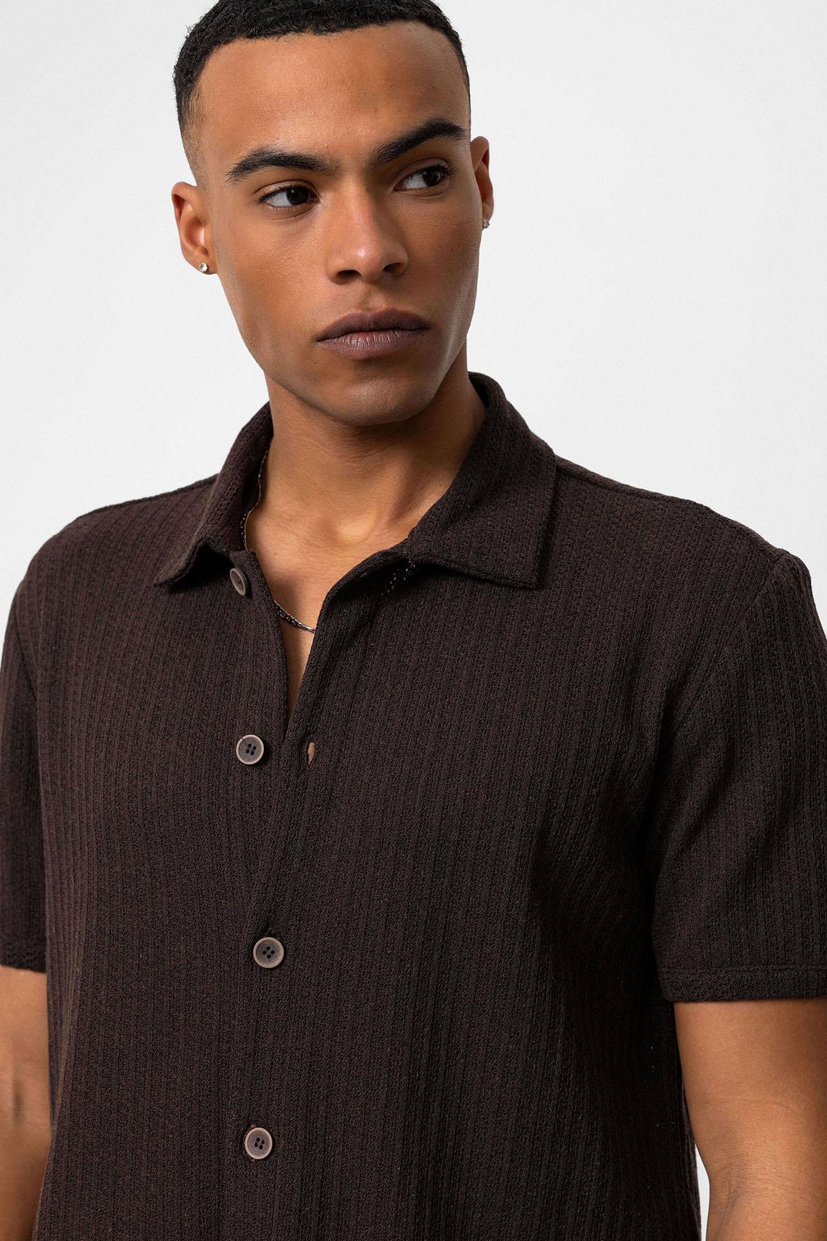 Men's Brown Polo Collar Knit Short-Sleeve Shirt