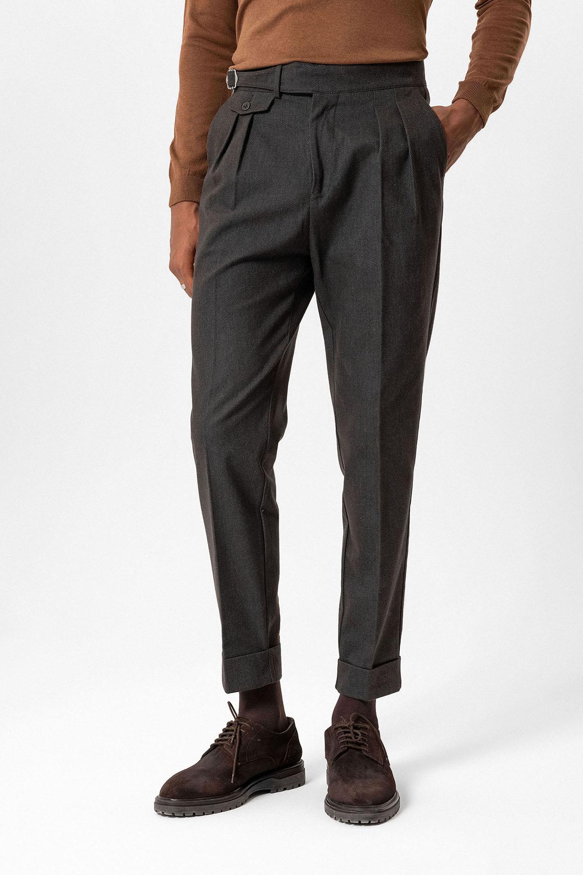 Brown High-Waisted Men's Trousers with Buckle Detail