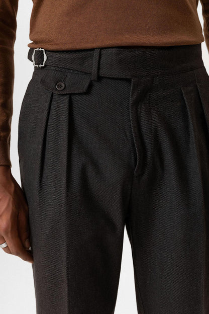 Brown High-Waisted Men's Trousers with Buckle Detail