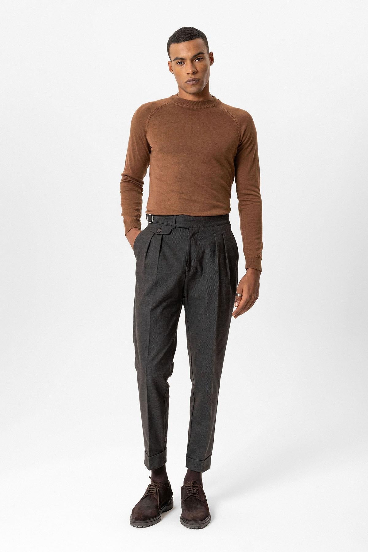 Brown High-Waisted Men's Trousers with Buckle Detail