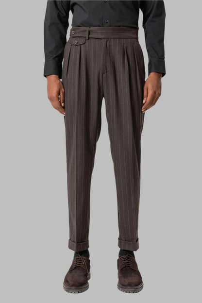 KOALA SYDNEY  Brown High-Waisted Pleated Striped Men's Trousers