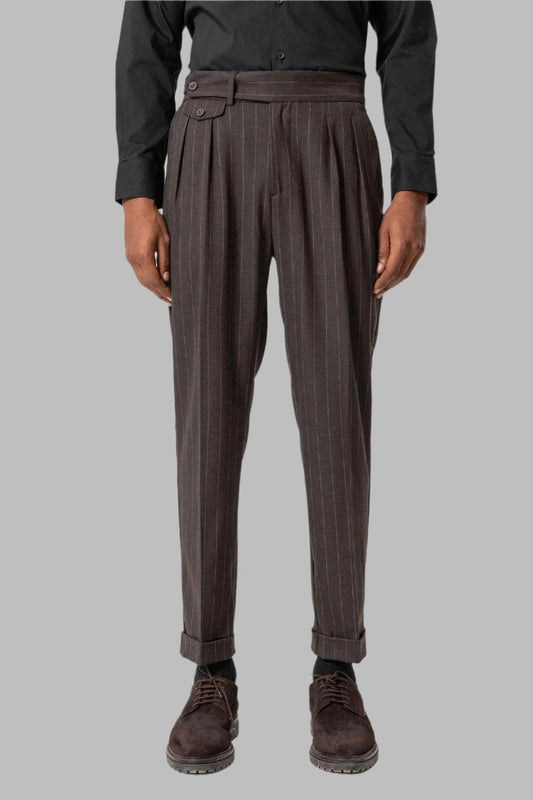 KOALA SYDNEY  Brown High-Waisted Pleated Striped Men's Trousers