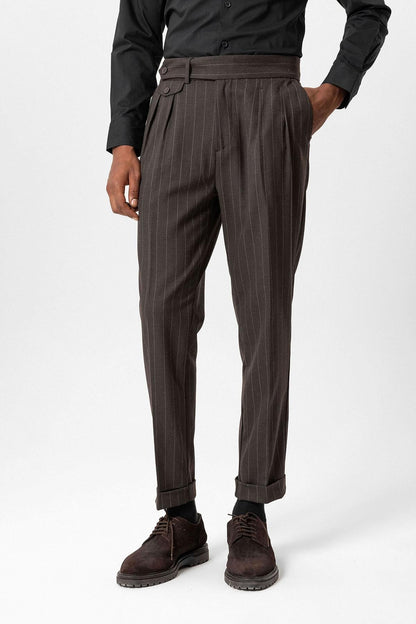 KOALA SYDNEY  Brown High-Waisted Pleated Striped Men's Trousers