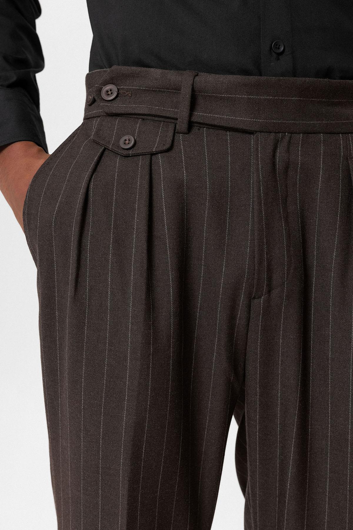 KOALA SYDNEY  Brown High-Waisted Pleated Striped Men's Trousers