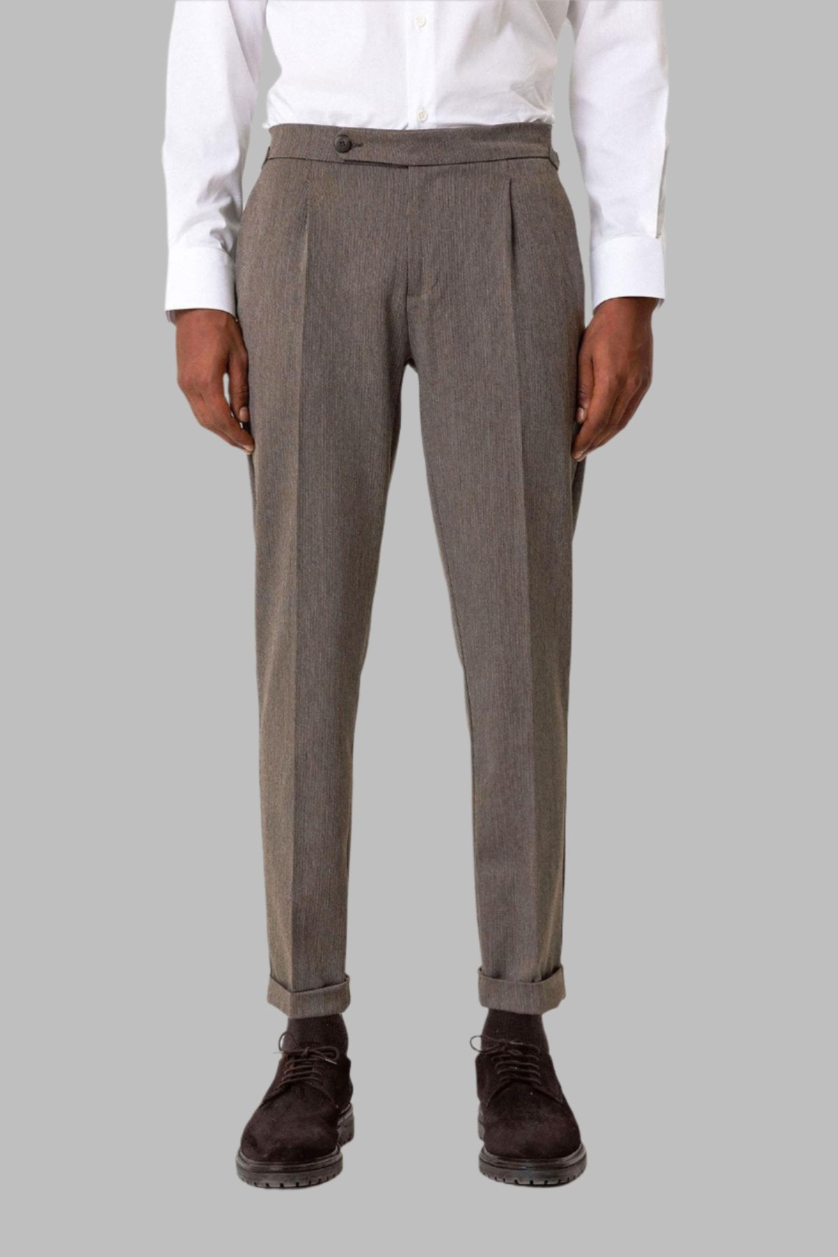 Brown High Waist Pleated Double Leg Men's Trousers