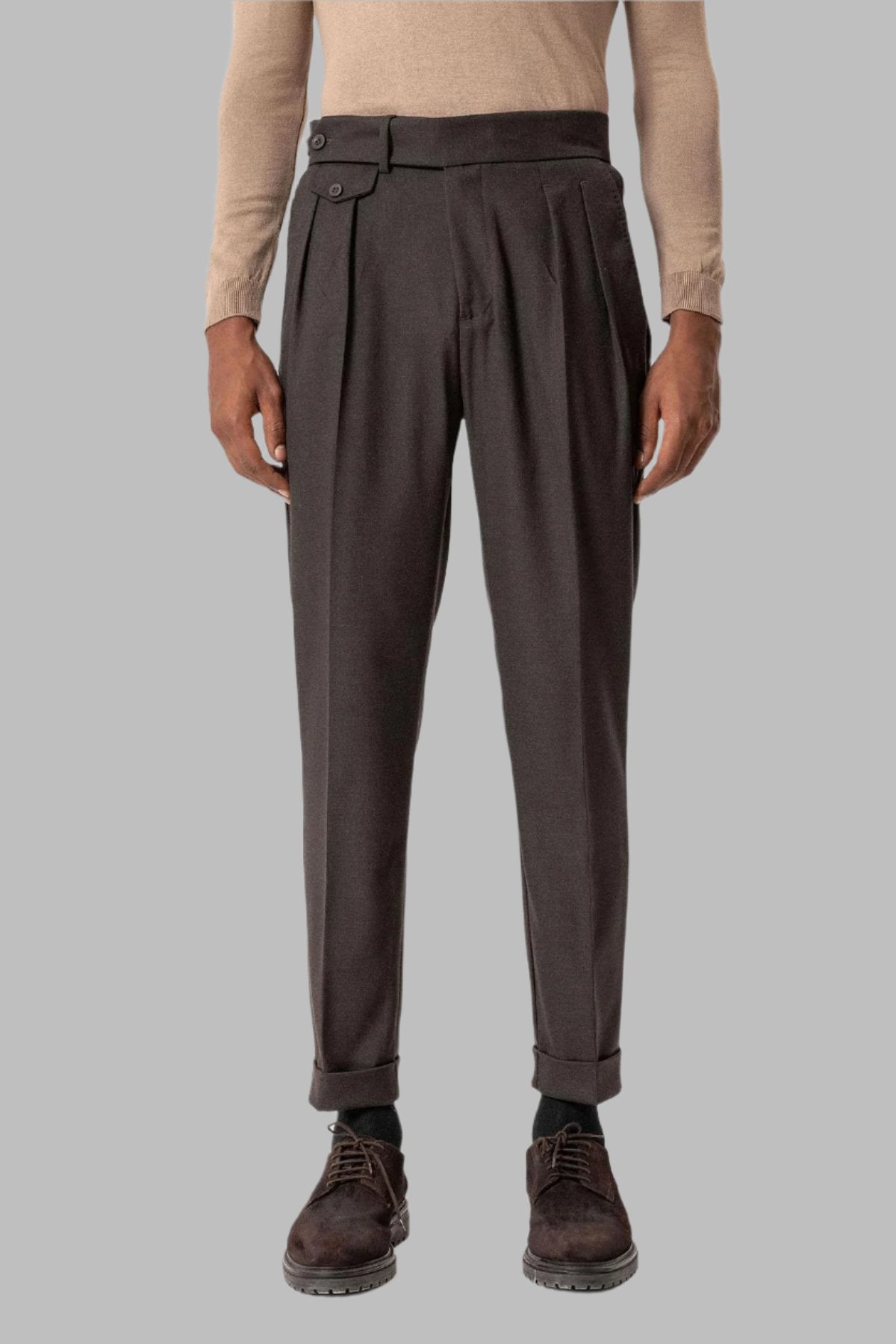 Brown High-Waisted Pleated Technical Men's Trousers