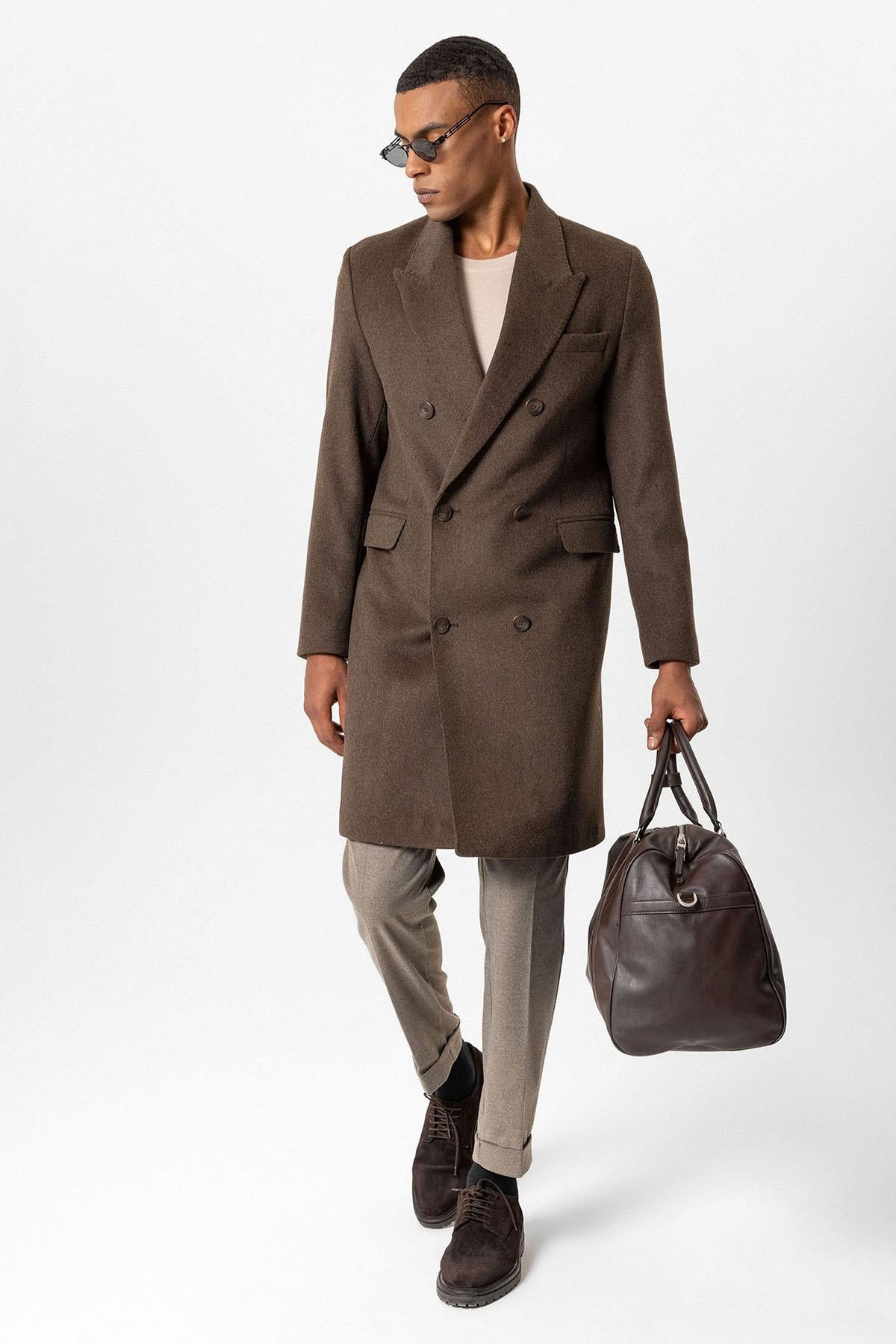 Brown Wool-Blend Double-Breasted Men's Coats