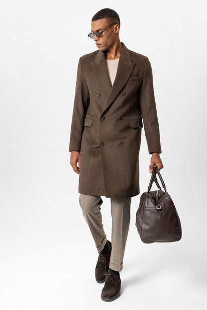 Brown Wool-Blend Double-Breasted Men's Coats