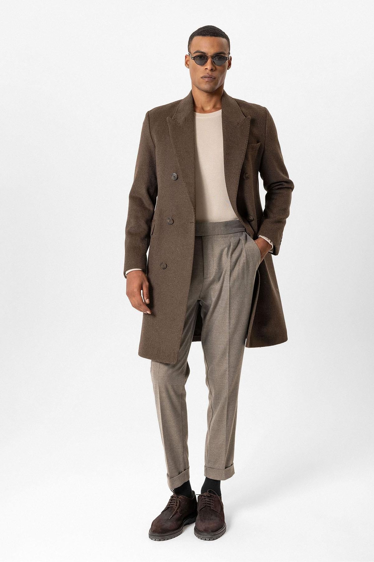 Brown Wool-Blend Double-Breasted Men's Coats