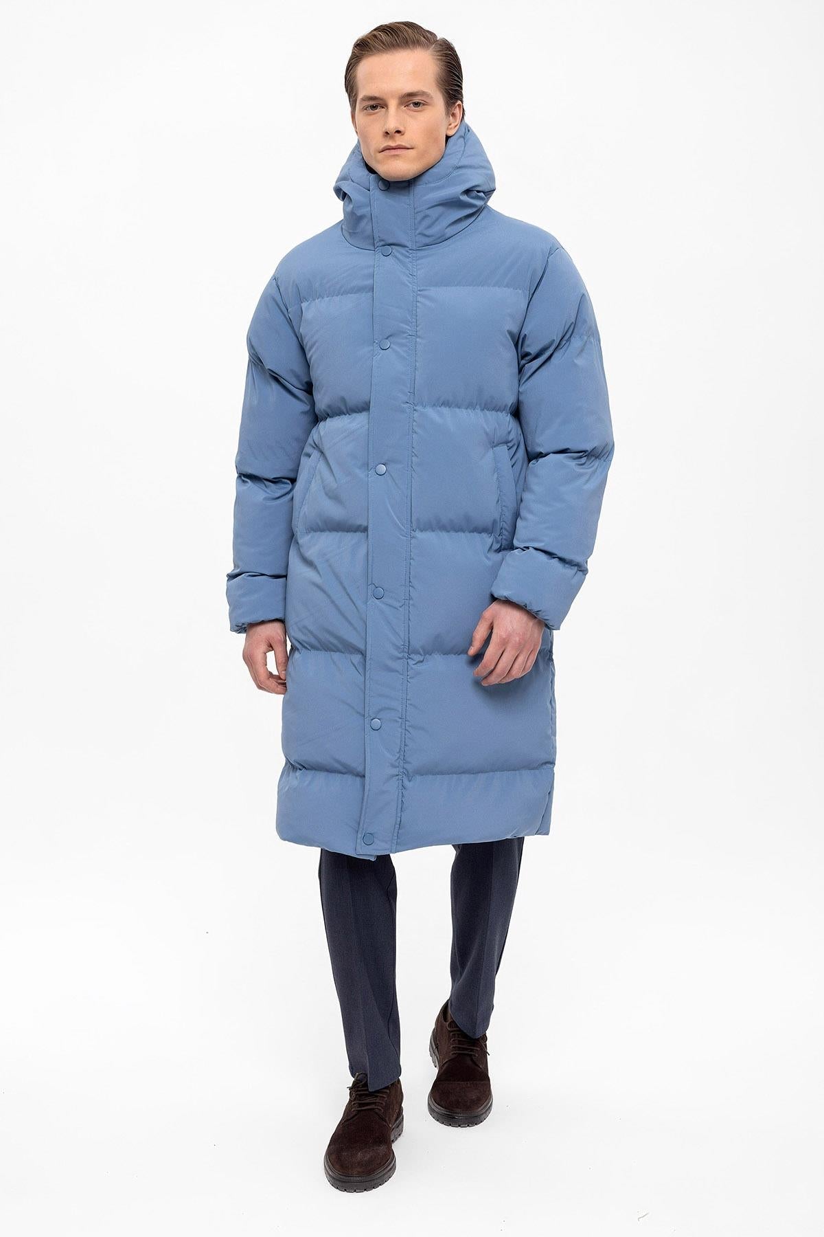 Men's Baby Blue Hooded Long Puffer Jacket