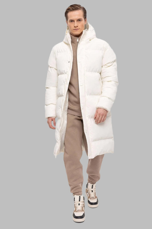 Men's Ecru Hooded Long Puffer Jacket