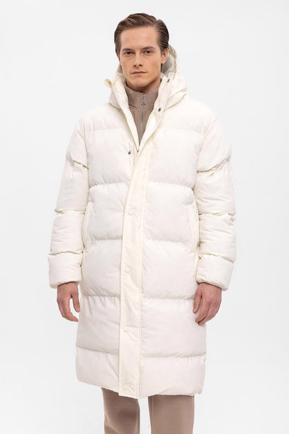 Men's Ecru Hooded Long Puffer Jacket